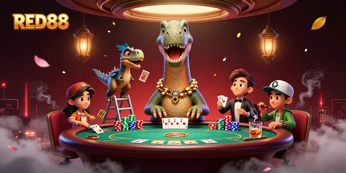 RED88 showcases a playful casino scene with a towering dinosaur and dynamic poker action.