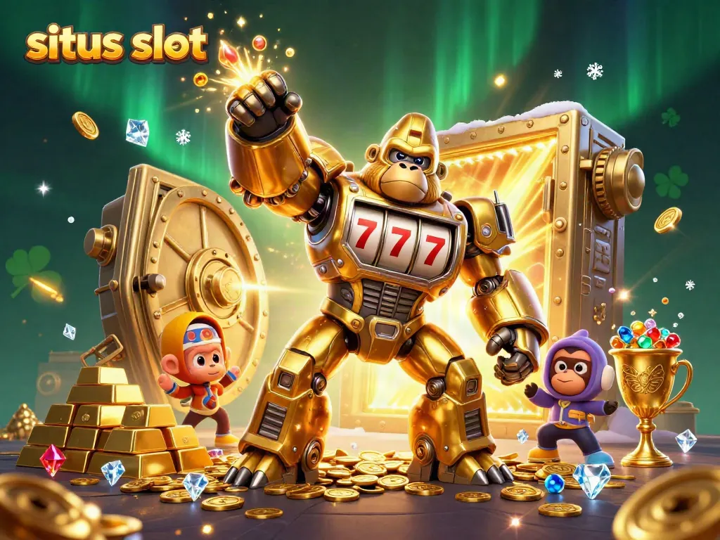 Menghadapi situs slot dengan karakter gorila emas dan mesin slot, dikelilingi harta karun.