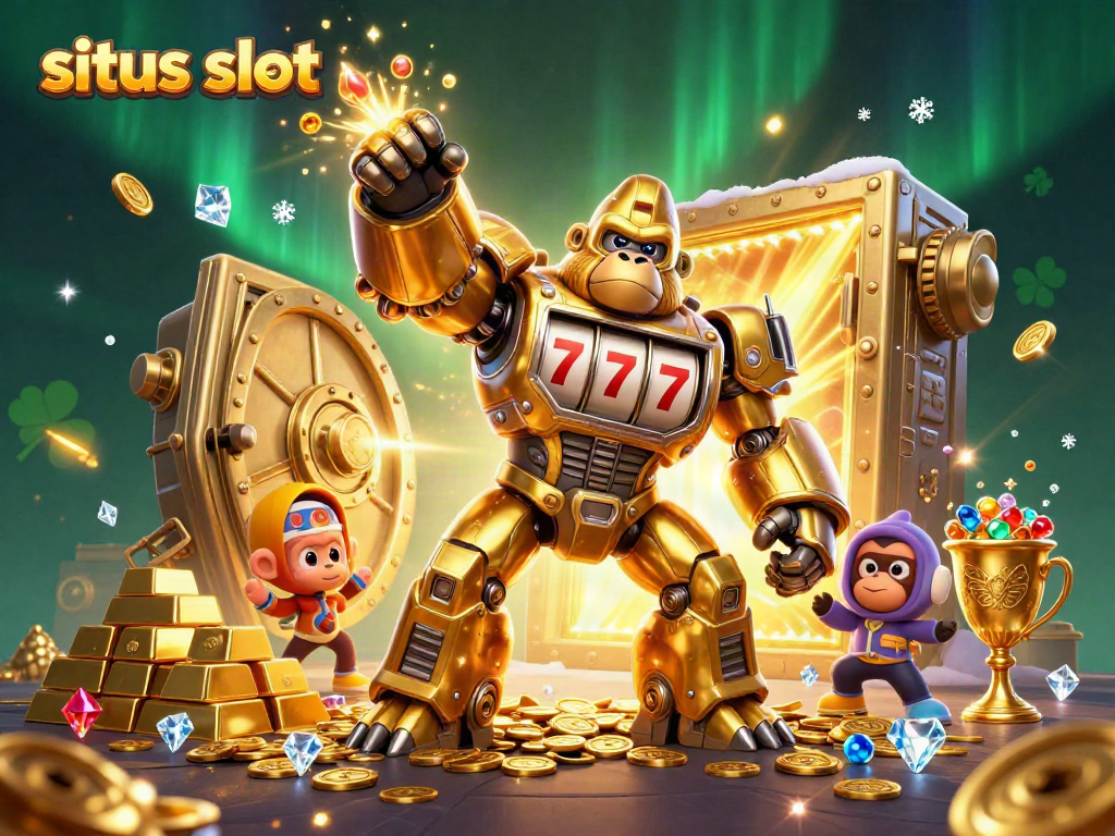 Menghadapi situs slot dengan karakter gorila emas dan mesin slot, dikelilingi harta karun.