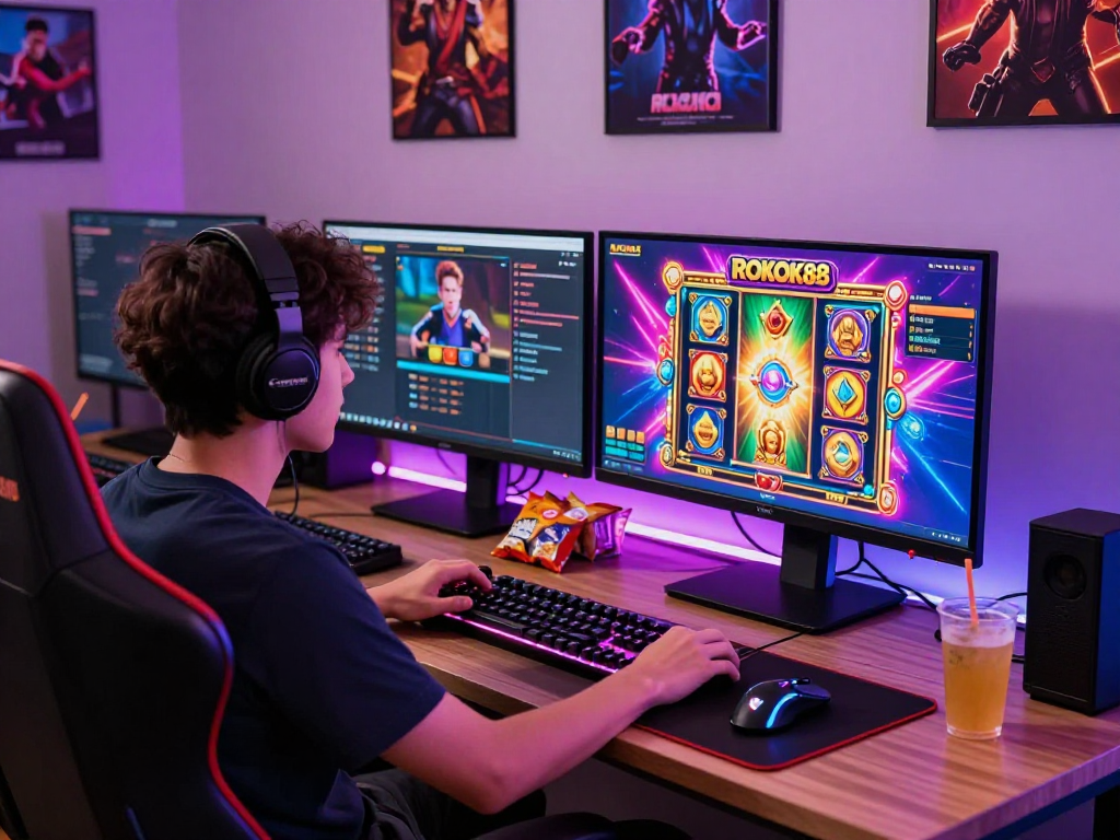 Engaged player at stylish gaming setup enjoying online slots at https://rokok88.hot, highlighting colorful graphics and accessories.
