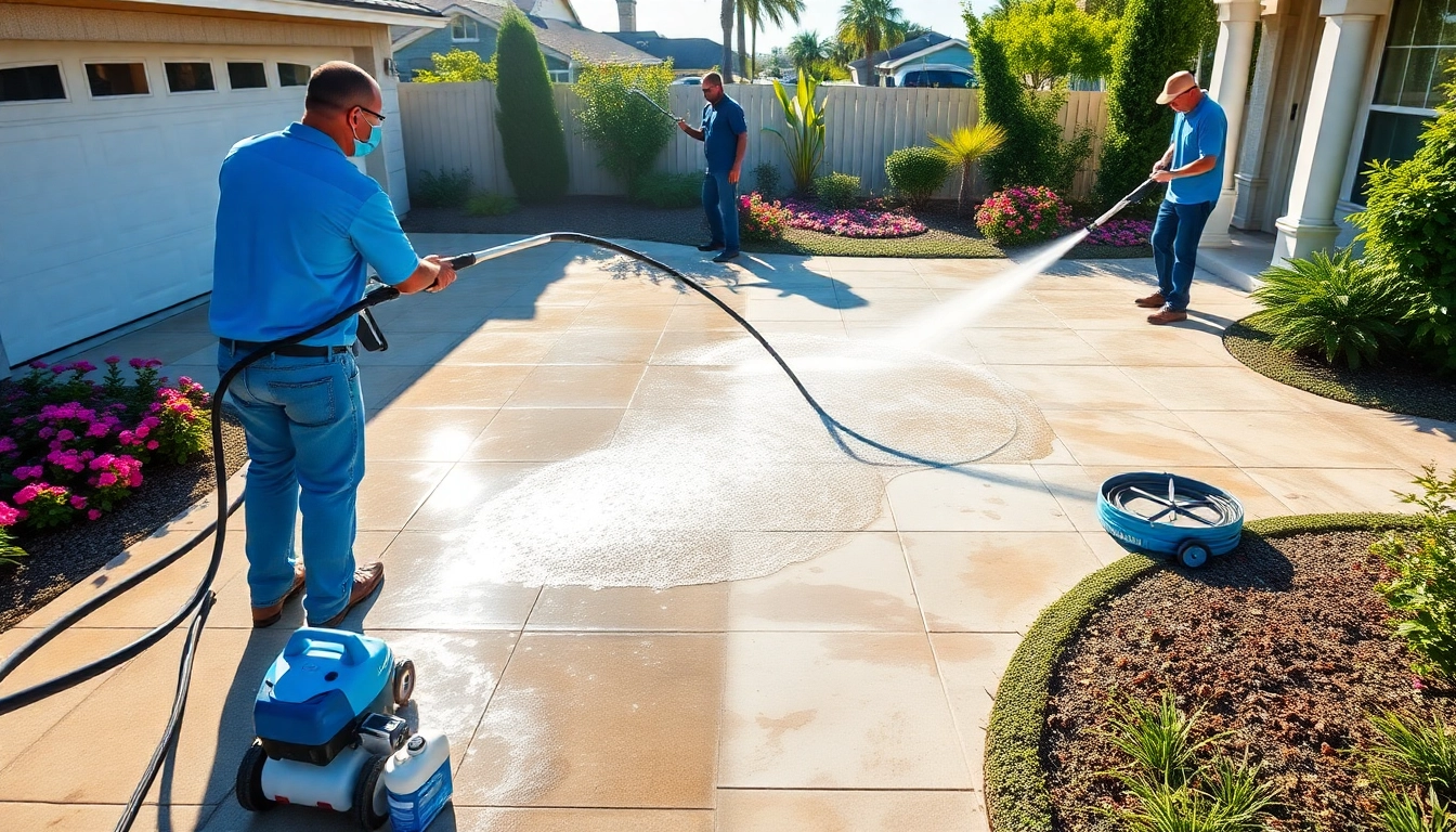 Concrete cleaning transformation with professionals washing a driveway.
