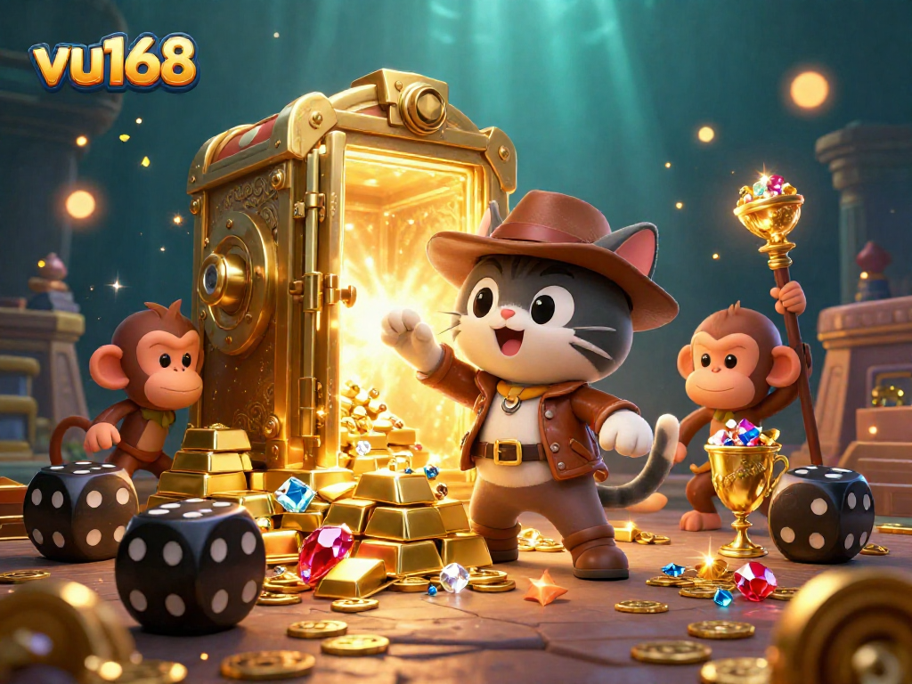 Engage with vu168 illustrated scene featuring a cat archaeologist discovering casino treasures and dynamic traps.