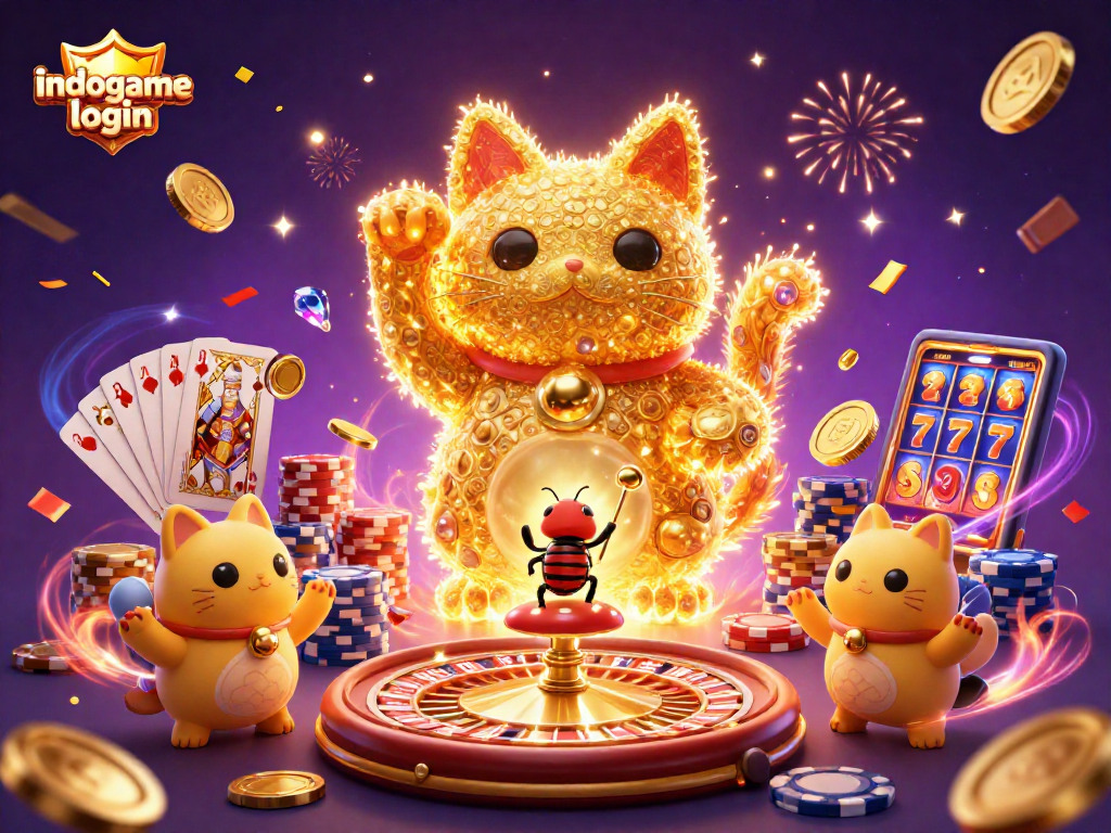 Experience the excitement of indogame login with a vibrant 3D illustration showcasing casino symbols and festive elements.