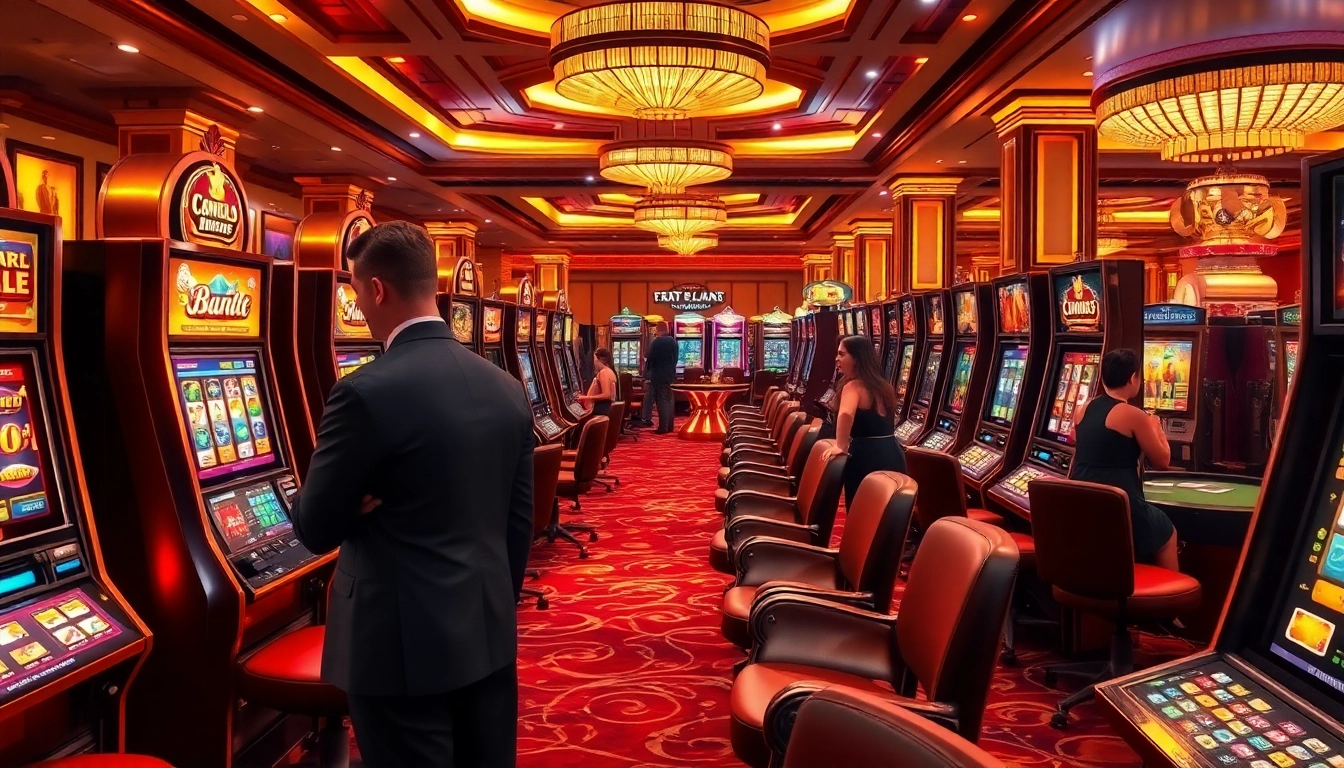 Experience slot gacor hari ini excitement with players interacting at luxury casino slot machines.