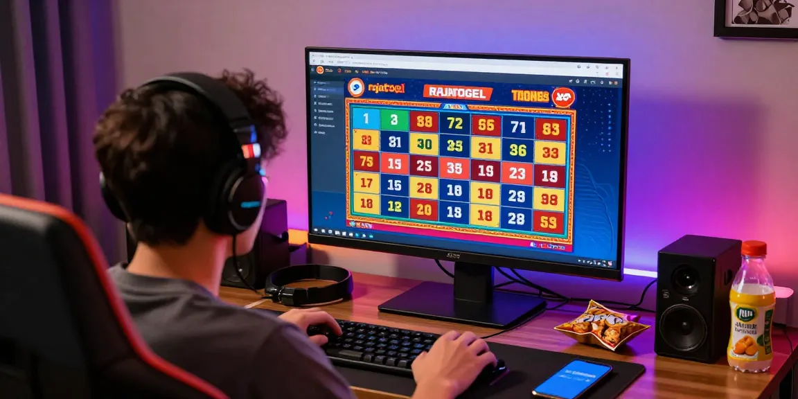 Pengguna rajatogel bermain permainan lotere online di ruang gaming yang nyaman, dengan suasana ceria dan penuh warna.
