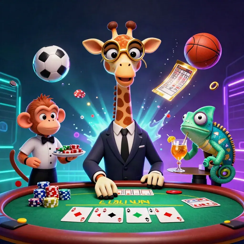 Giraffe, monkey and chameleon at a VIP poker table as soccer ball and basketball fly through neon glow.