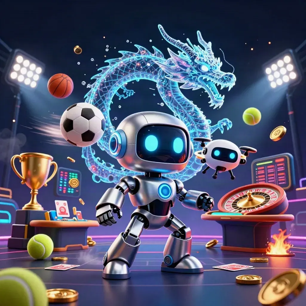 Cyberpunk robot, holographic dragon, and coin drone amid casino game symbols in emerald-gold light.