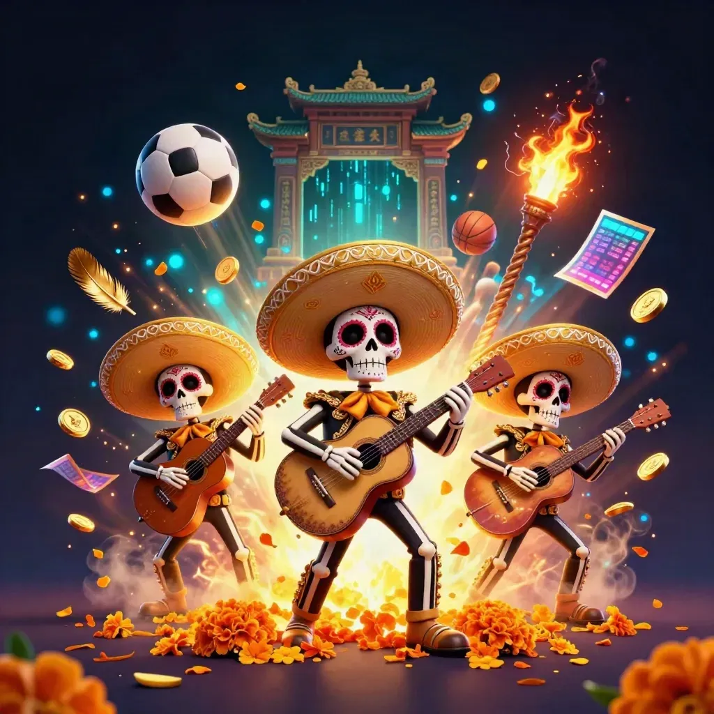 Skeleton mariachi trio with sports balls, gold coins, and neon casino effects in a dark luxe scene