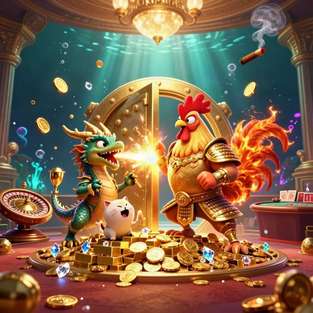 Rooster warrior, dragon hatchling, and fortune cat bursting from a gold vault in a luxe casino glow.