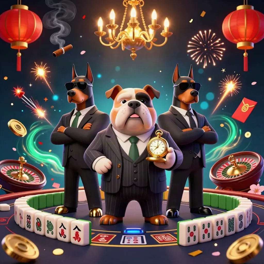 Cartoon mafia bulldog and Dobermans amid casino lights, lanterns, coins, and fireworks.