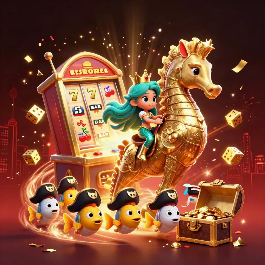 Mermaid princess on armored seahorse amid exploding slot symbols, gold, confetti, and fireworks.