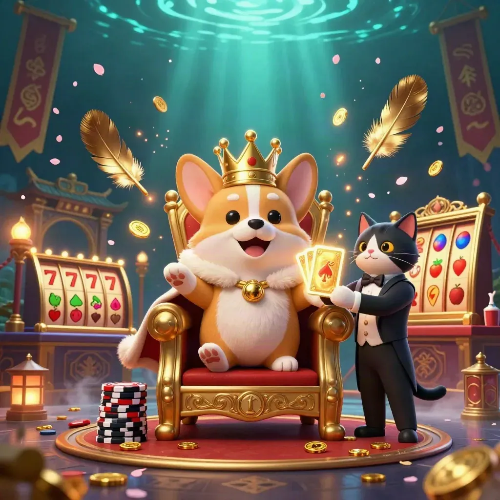 Royal corgi king and cat butler amid gold, chips, temples, and glowing casino magic