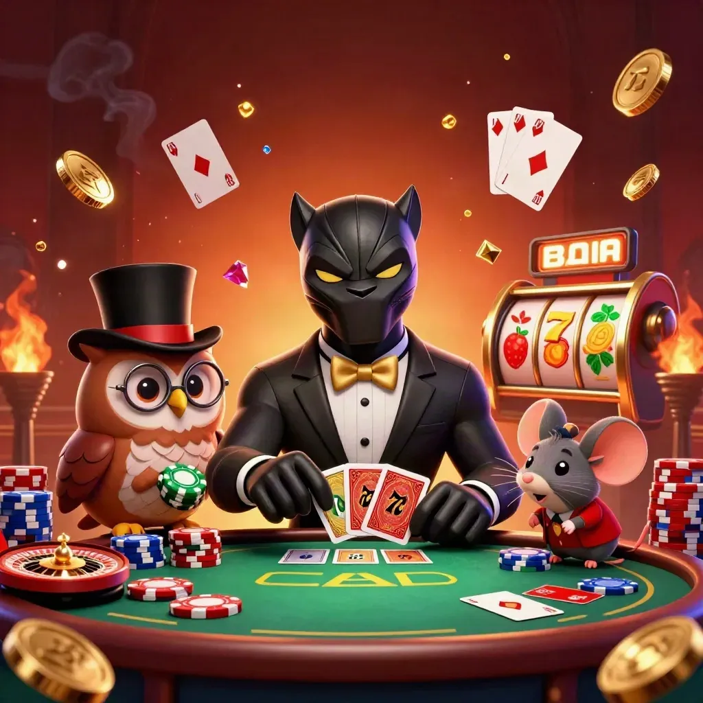 Black panther dealer, owl and mouse amid flying chips, cards, coins, gems and ember-lit casino glow.