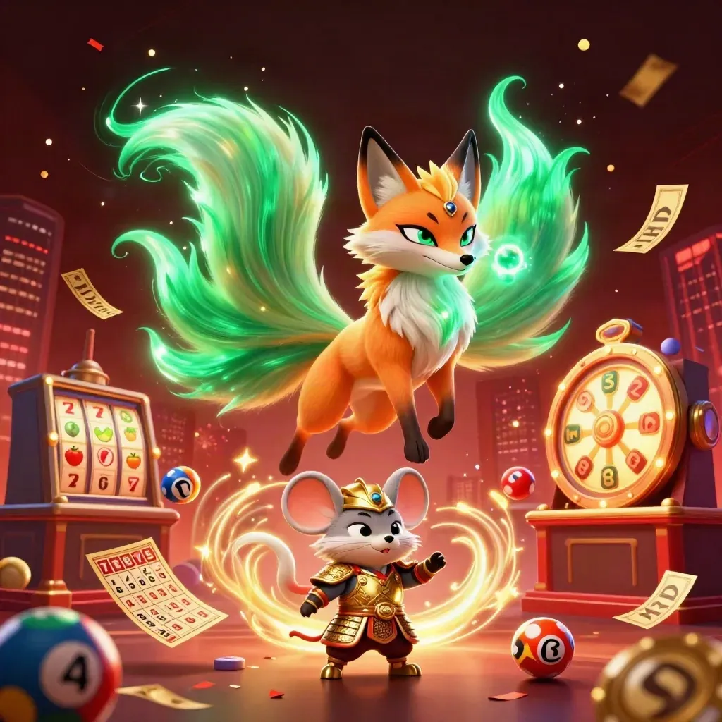 Nine-tailed fox spirit and gold-armoured mouse amid casino fireworks and glowing game icons.