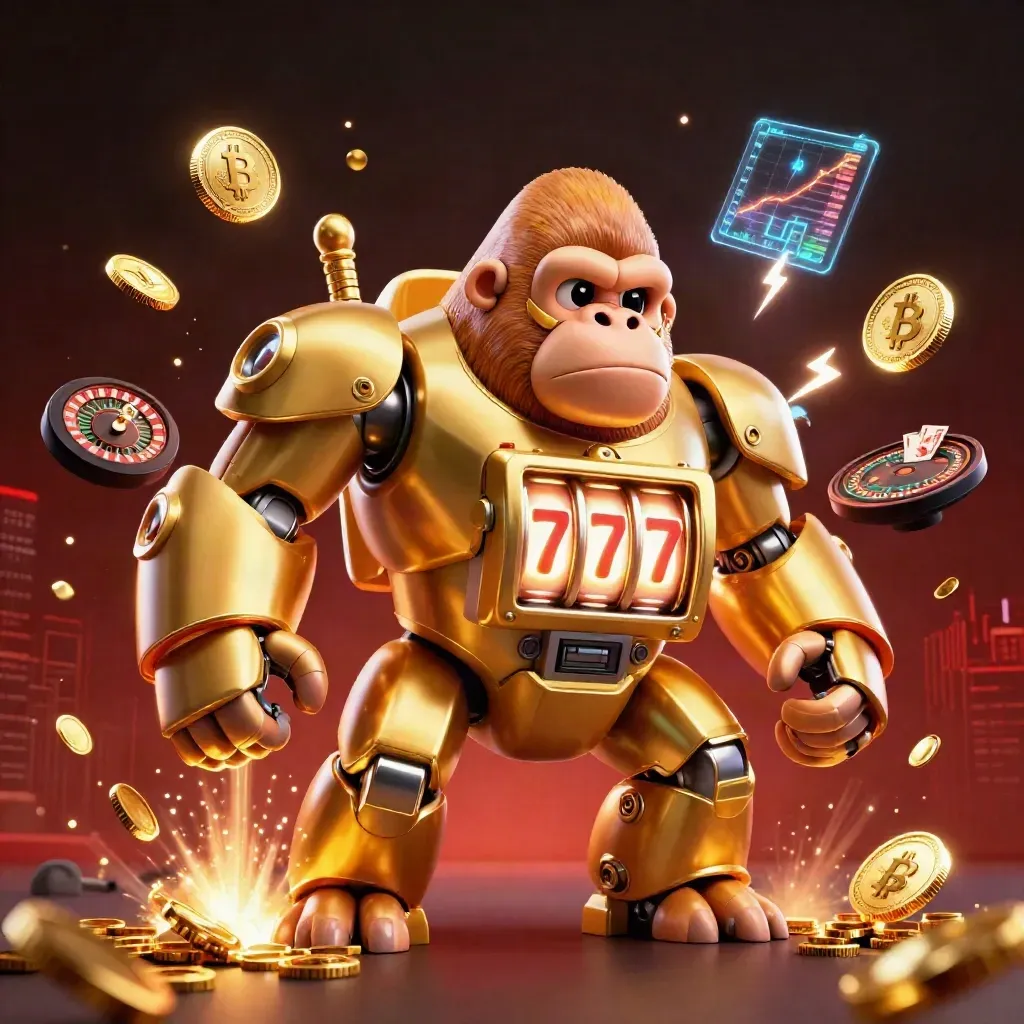 Golden gorilla mech with monkey pilot amid coins, crypto tokens, roulette wheel, cards, and casino sparks