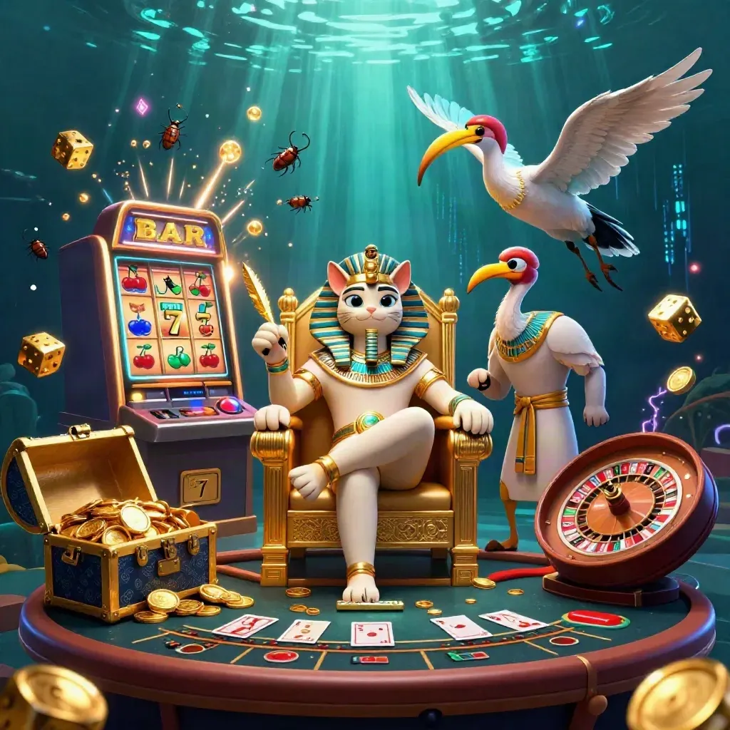 Pharaoh cat, ibis scribe, and scarabs amid casino treasure explosions and glowing tables.