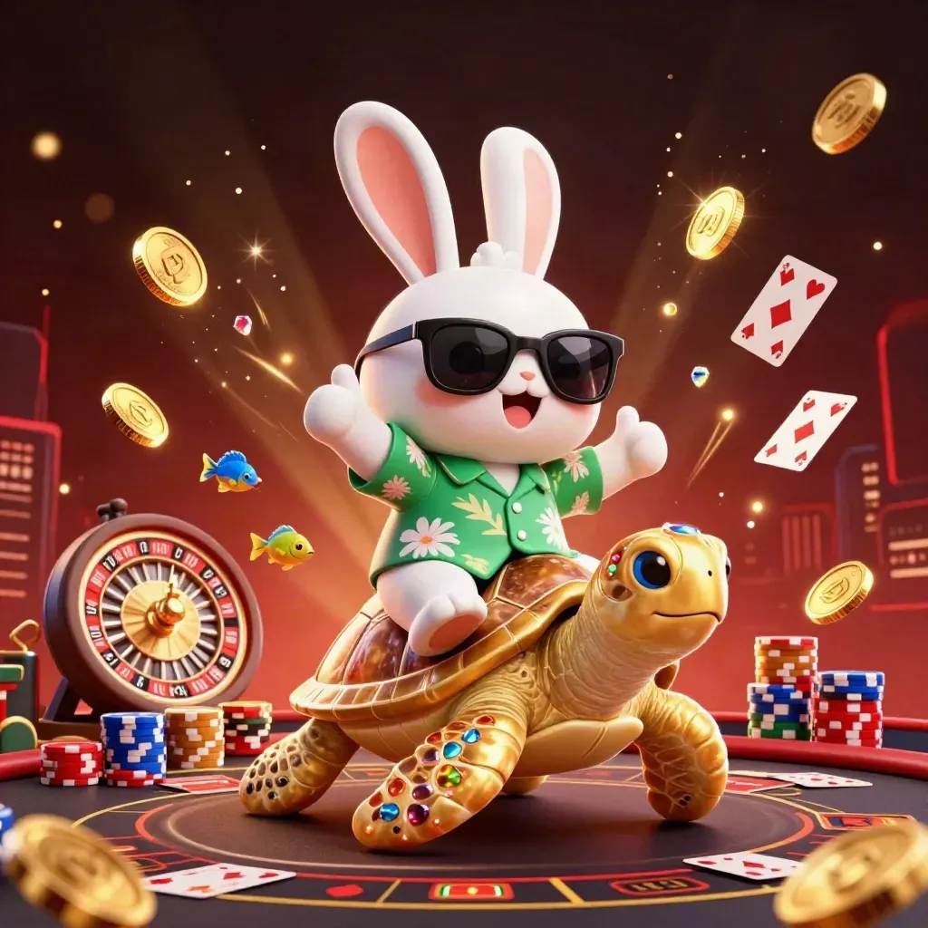 Rabbit rides a jeweled turtle through coins, cards, chips, and a spinning roulette wheel.