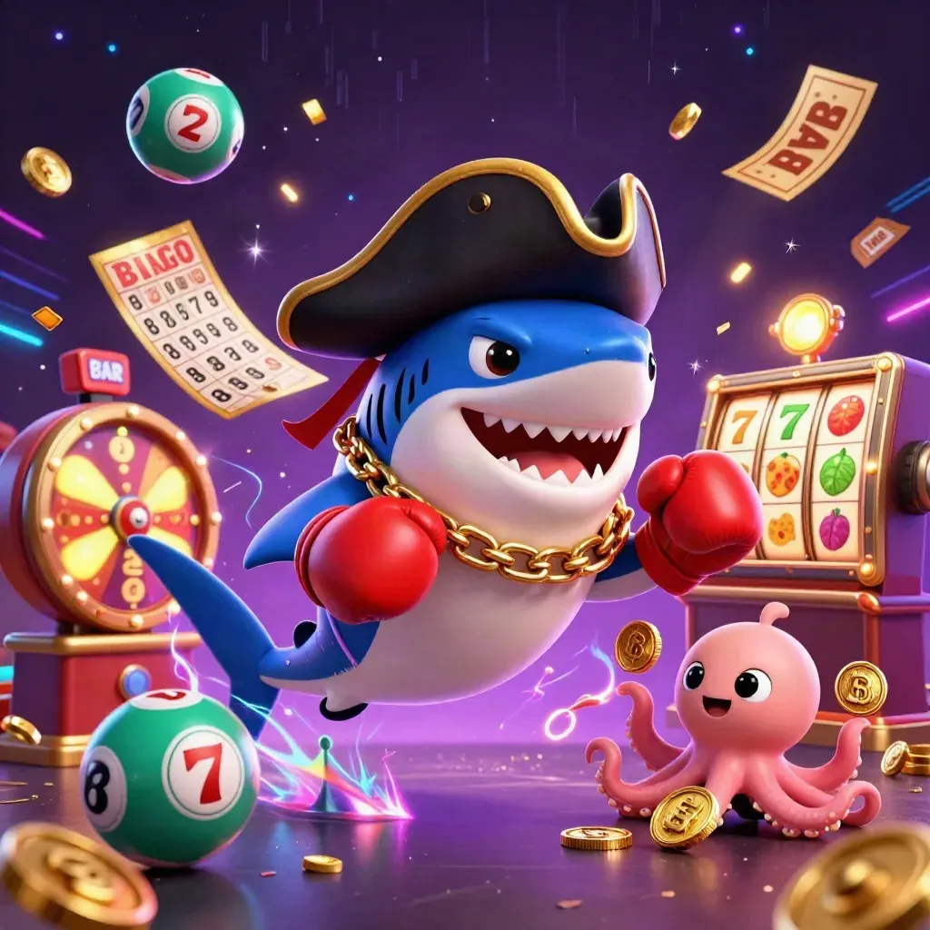 Pirate shark, boxing pufferfish, and juggling octopus amid casino sparks and glowing reels.
