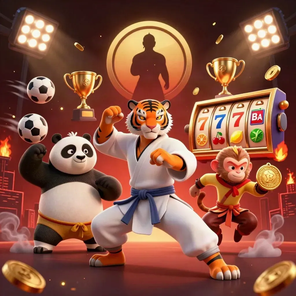 Tiger, panda, and monkey in a flashy casino action scene with sports balls and gold sparks.