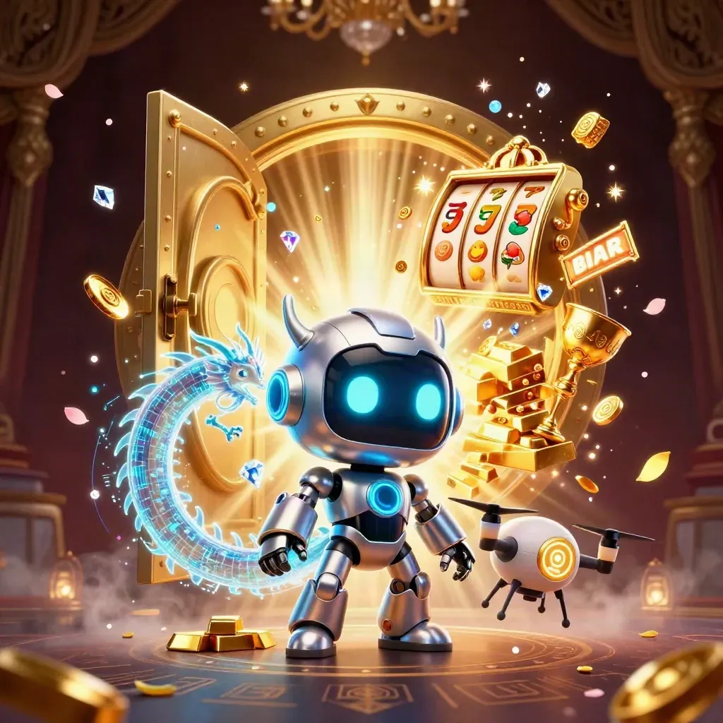 Cyberpunk robot, holographic dragon and coin drone amid vault gold, reels and jewels on a dark luxe casino backdrop.