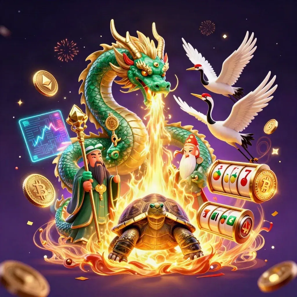 Emerald dragon, turtle sage, and ribboned cranes amid casino coins, reels, and golden energy.