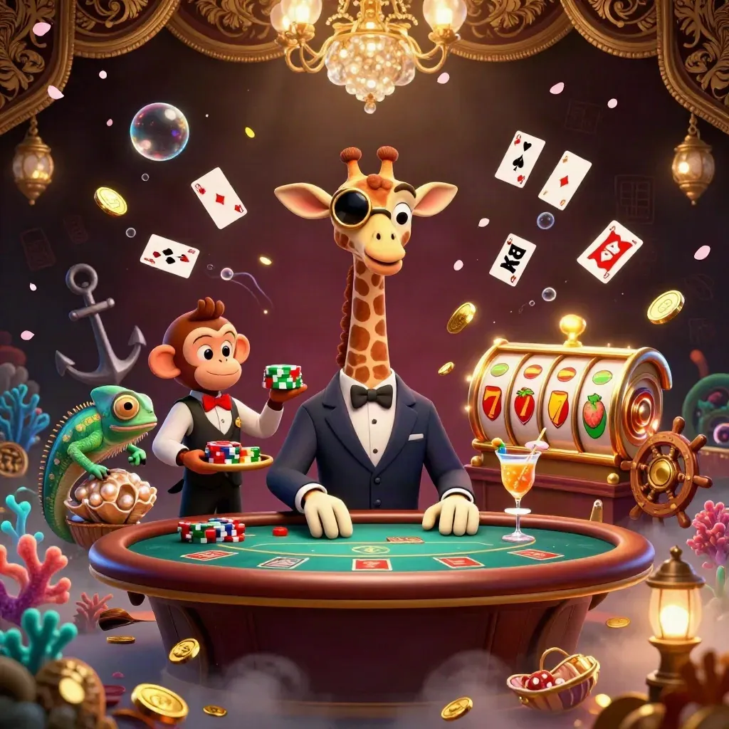 Giraffe high roller, monkey valet, and chameleon bartender in a glowing treasure-cove casino scene