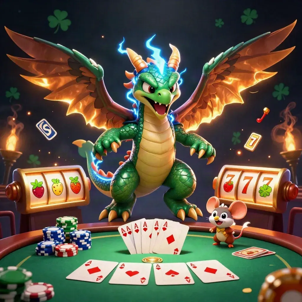 Thunder dragon, wind hawk and static mouse over chips, aces and slot reels on emerald-black luxe casino art.