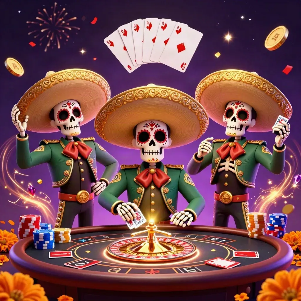 Day-of-the-Dead skeleton mariachi trio amid roulette, cards, chips, coins, and neon casino sparks.