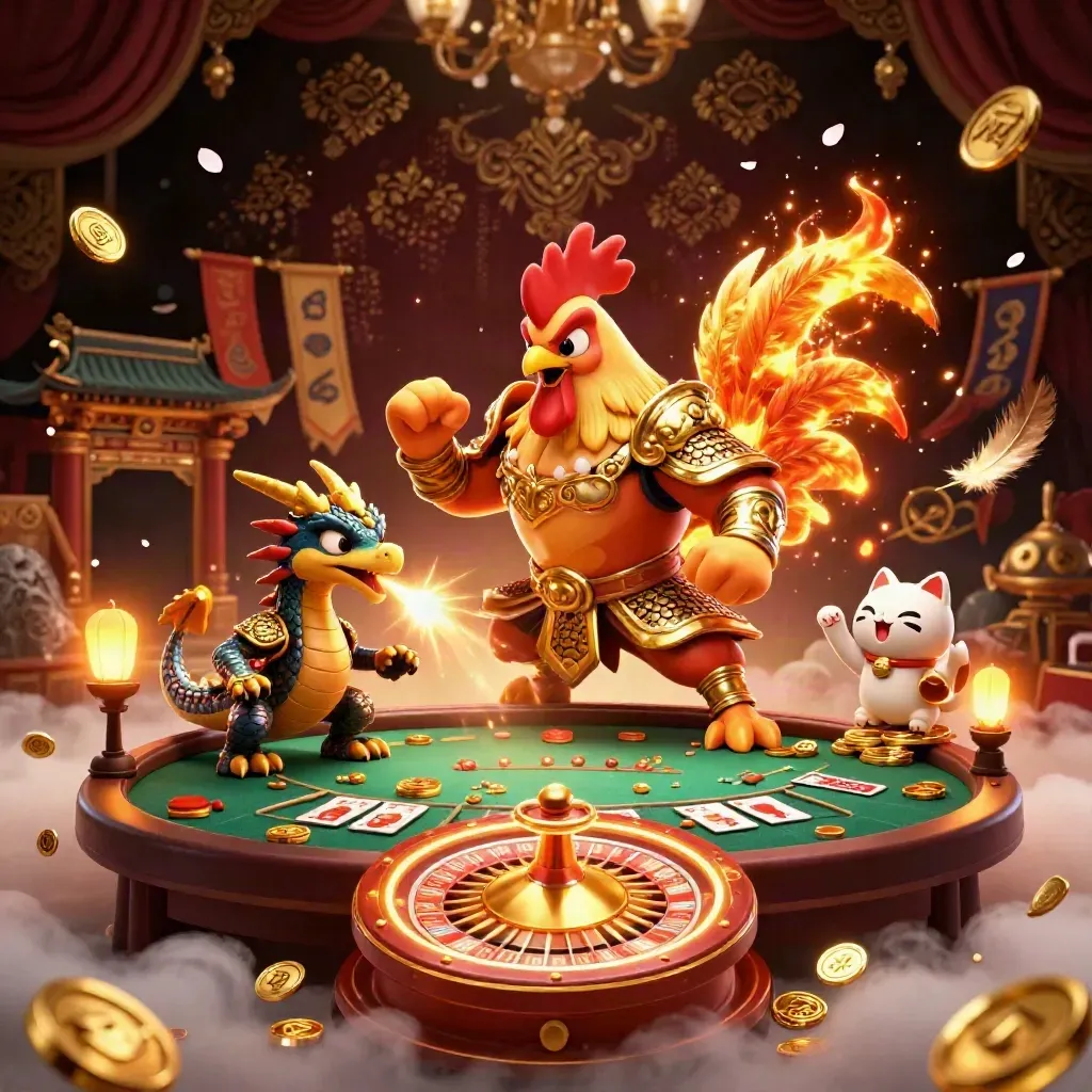 Rooster warrior, dragon hatchling, and fortune cat amid casino gold and spinning table games.