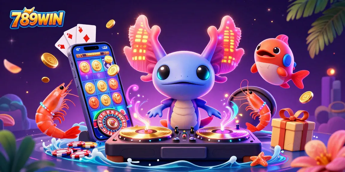 Experience vibrant gaming action with 789WIN, featuring a neon axolotl DJ and fun casino elements.