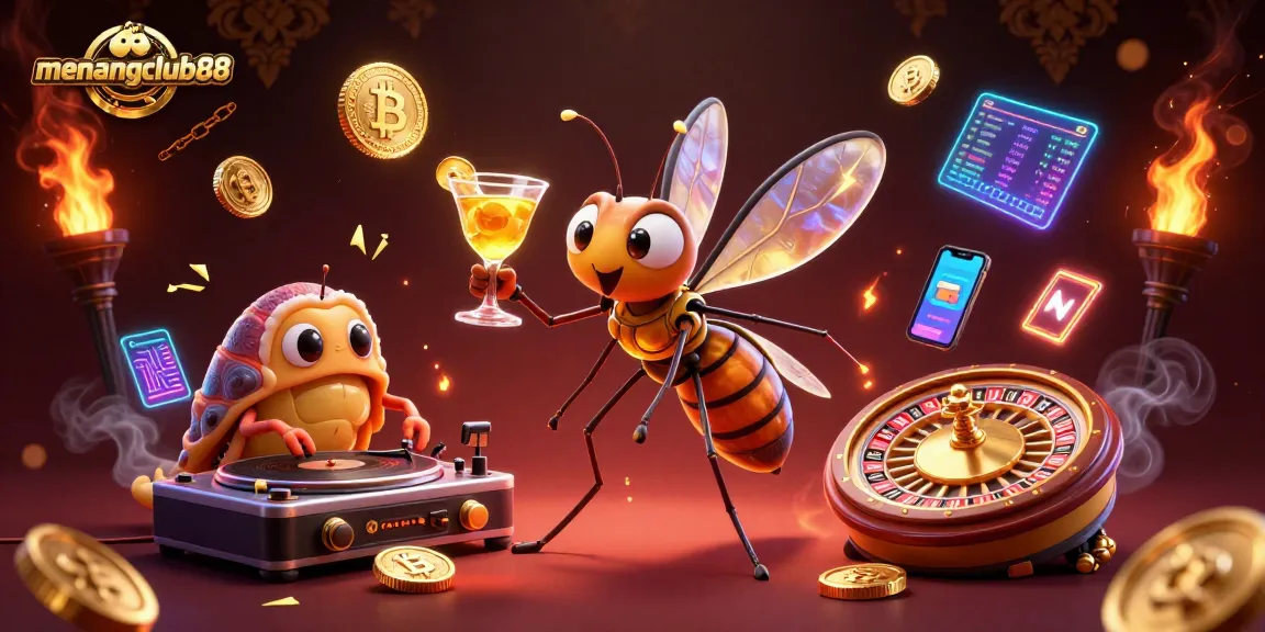 Engage with the vibrant scene of menangclub88, featuring an animated casino mascot amidst crypto elements and gaming excitement.
