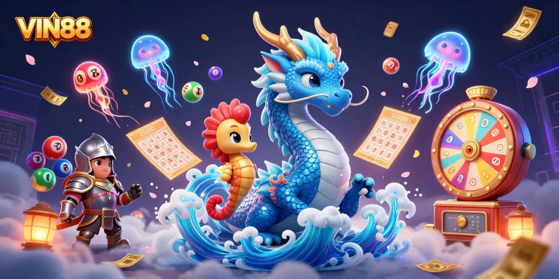 Experience the excitement of VIN88 with a vibrant, dynamic 3D illustration of interactive casino elements.