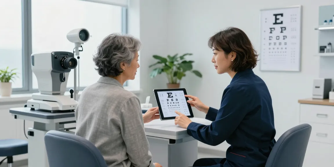 Patient consultation at snuseoulglobal.com, modern eye clinic with professional optometrist.