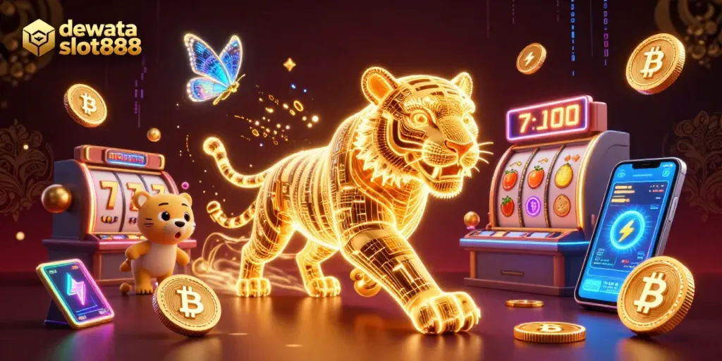 Menangkan permainan di dewata slot888 dengan simbol slot dan keberuntungan yang bersinar.