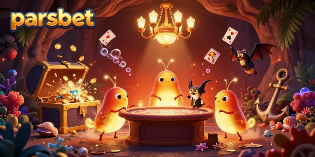 parsbet'le ışıldayan bir mağara casinoları ve canlı temaları ile zengin bir sahnede ışık saçan 3D karakterler.