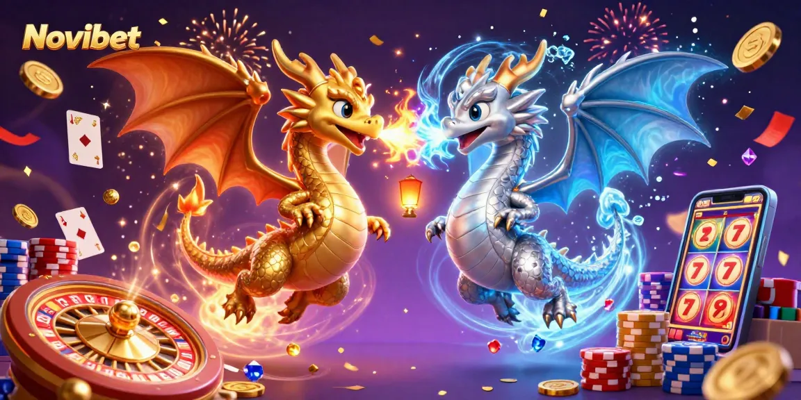 Win big with Novibet in this dynamic casino scene featuring dragons and flying coins.