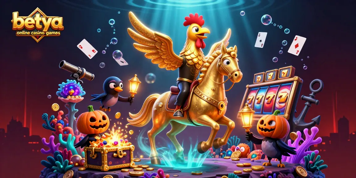 Experience the excitement of betya online casino games with a golden rooster riding through a vibrant, dynamic casino scene.