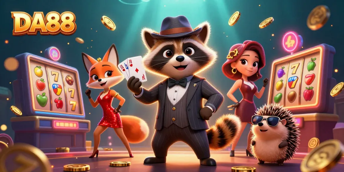 Experience the thrill of DA88 with charming raccoon and fox at a vibrant casino scene surrounded by lively slot elements.
