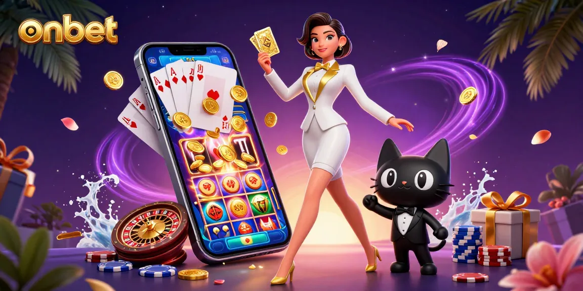 Experience the excitement of onbet with a glamorous card game scene featuring a tuxedo-clad woman and a playful cat.