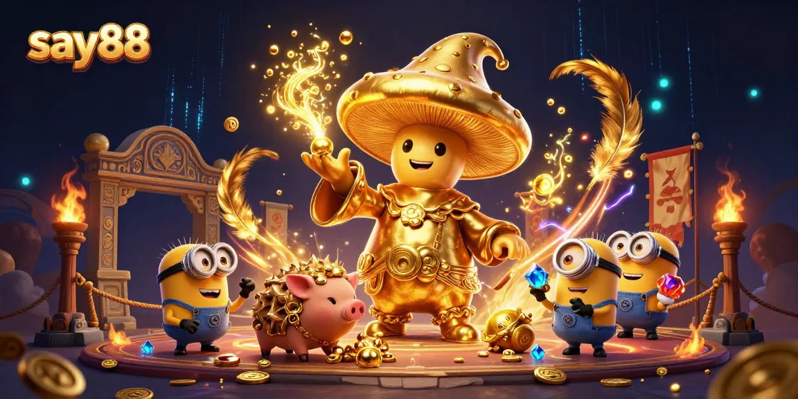 Experience the magic of say88 as a golden wizard transforms treasures in a vibrant casino scene.