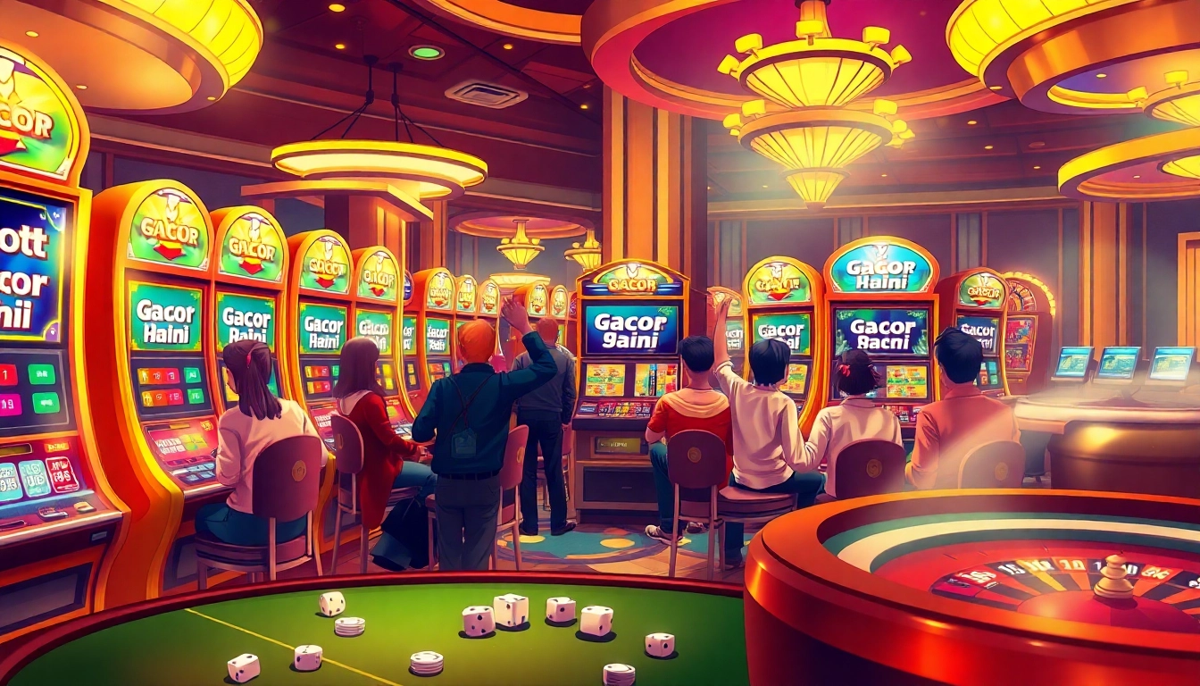 Engaging players at slot machines celebrating wins in a vibrant casino scene focused on slot gacor hari ini.