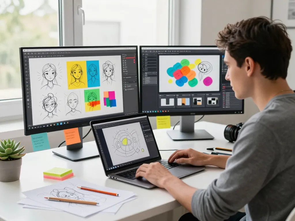 Designer utilizing Nano Banana AI Image Editor in a creative workspace filled with sketches and digital assets.