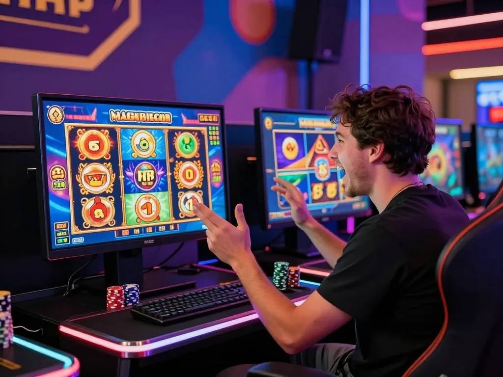 Player engaging with exciting slot gacor games on a digital platform, showcasing high RTP and vibrant graphics in a festive atmosphere.