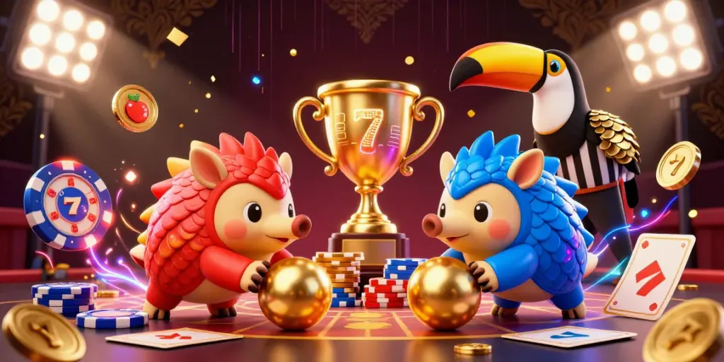 Engage in a thrilling slot adventure as rival pangolins compete in a vibrant casino scene.