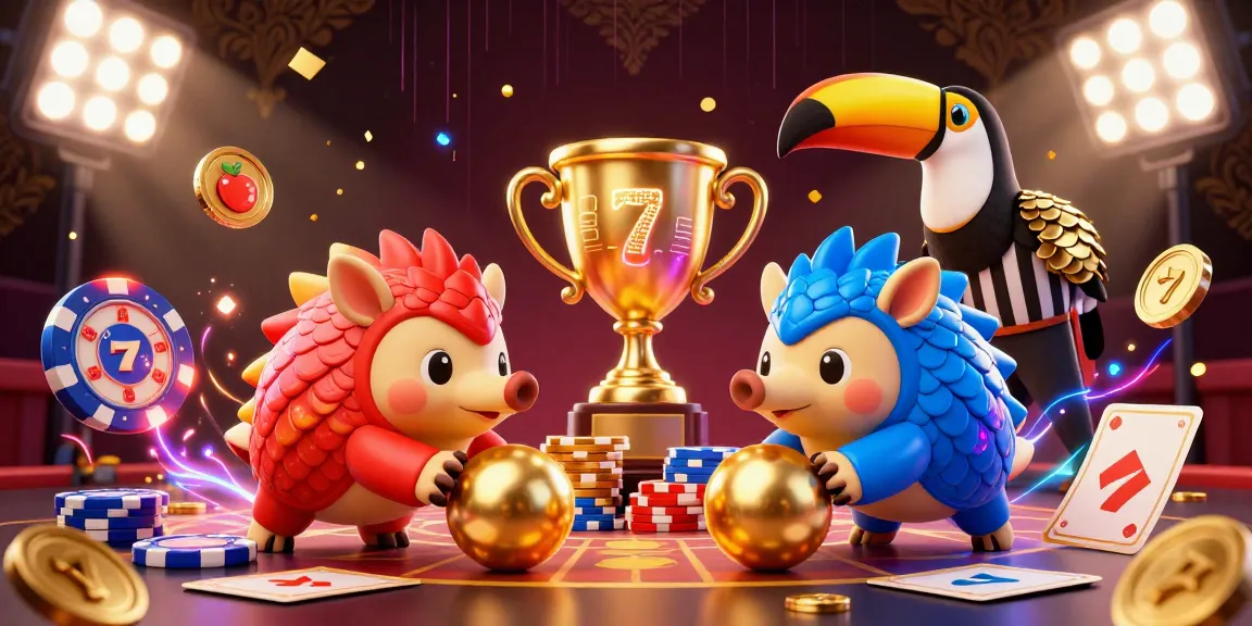 Engage in a thrilling slot adventure as rival pangolins compete in a vibrant casino scene.