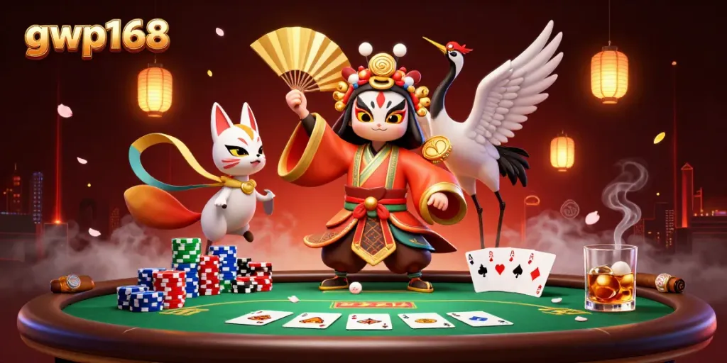 Permainan peluang di gwp168 dengan karakter kabuki dan zodiac dalam suasana kasino yang megah.