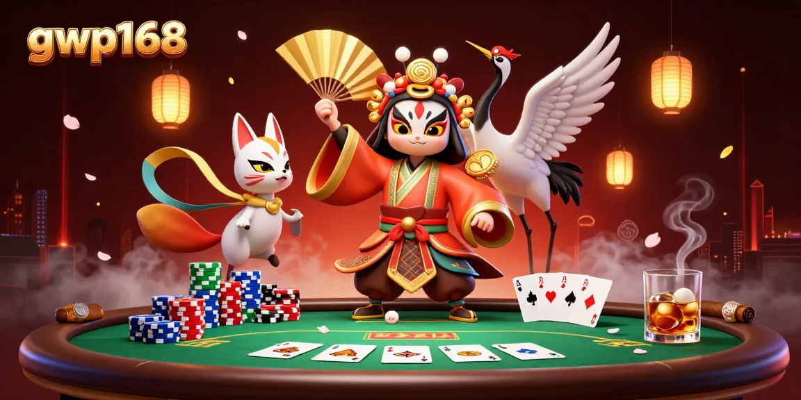 Permainan peluang di gwp168 dengan karakter kabuki dan zodiac dalam suasana kasino yang megah.