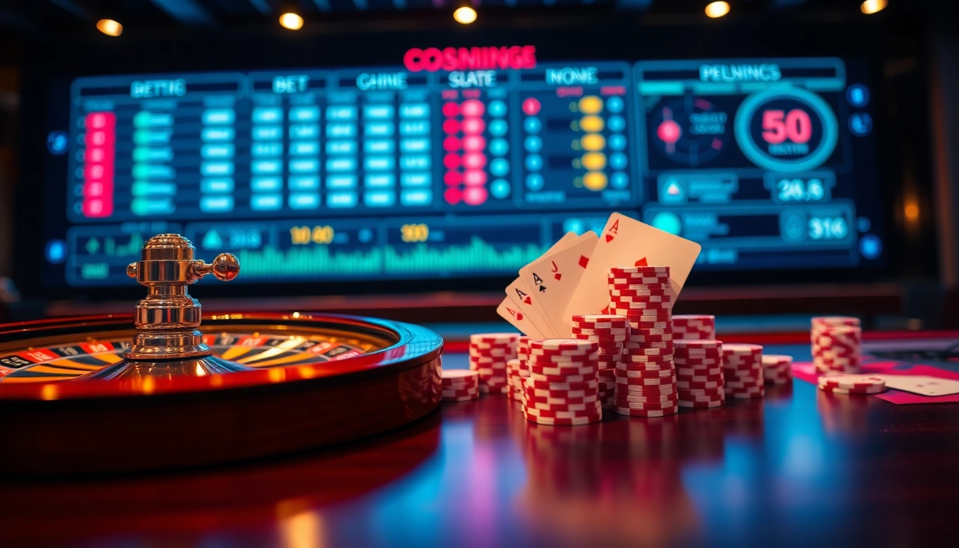 Xoso66 online casino with colorful poker chips and a spinning roulette wheel, illustrating vibrant gambling excitement.