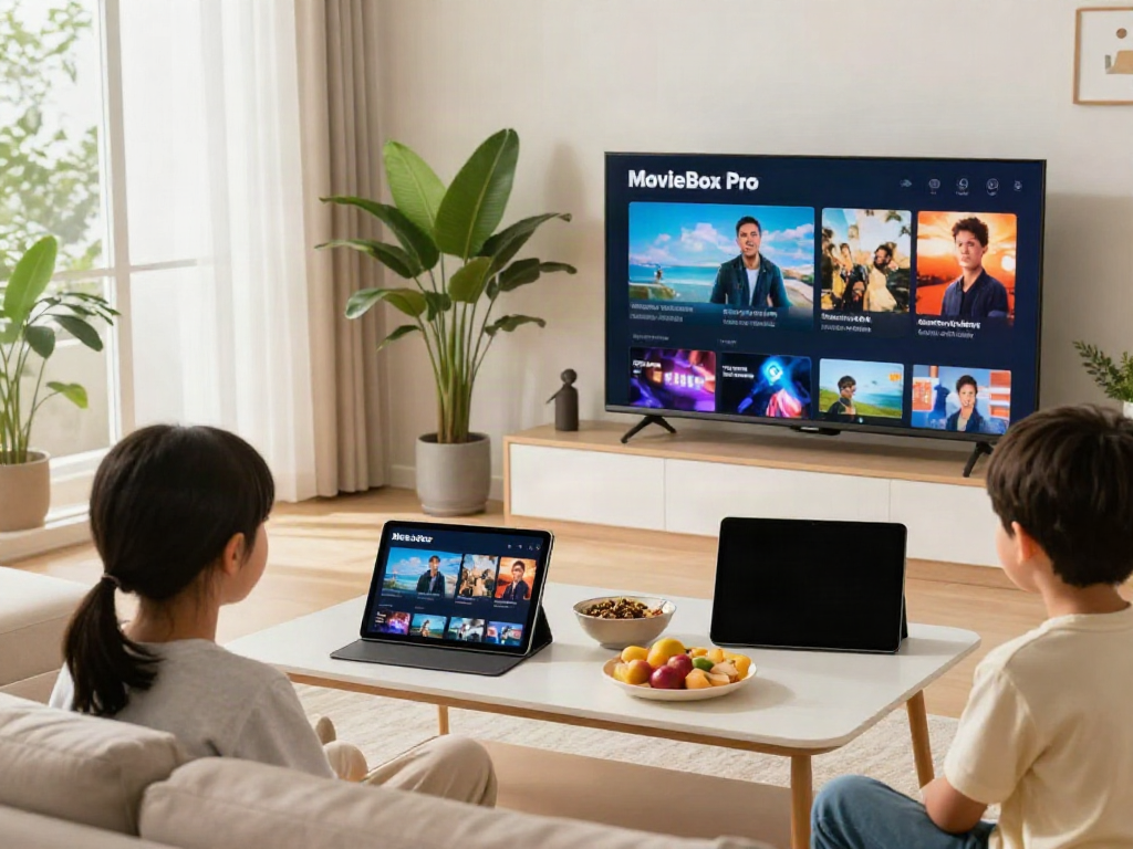 Family enjoying MovieBox Pro app official website in a cozy living room with smart TV, tablet, and snacks.