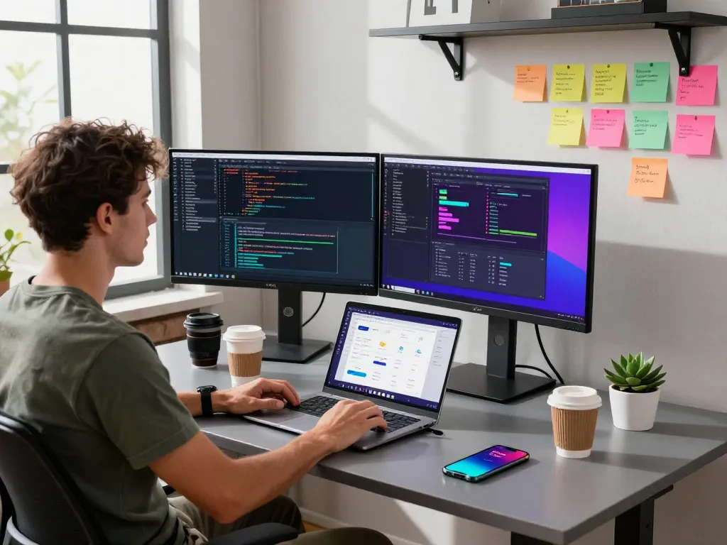 Developer using OpenClaw on dual monitors in a modern workspace